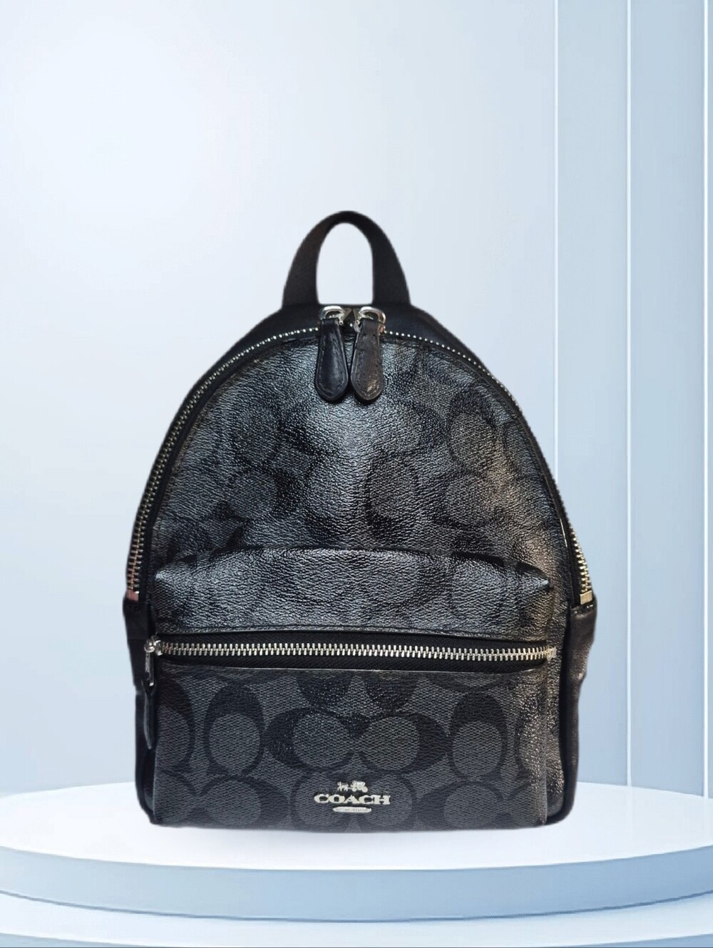 Coach Black Signature Mini Charlie Backpack with Silver Hardware